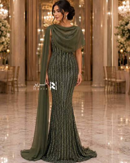 Olive Green Embellished Evening Dress with Side Chiffon Shawl