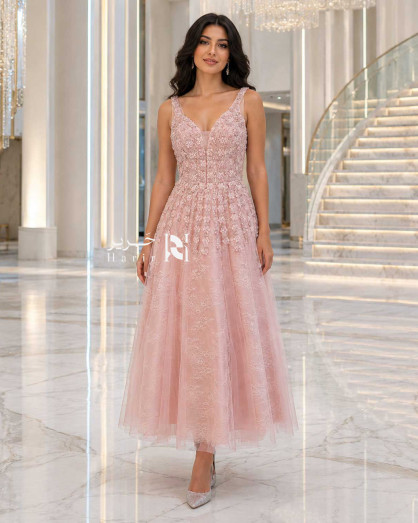 Luxury Dusty Pink A-Line Evening Dress with Floral Beading, Pearls, and 3D Flower Embellishments