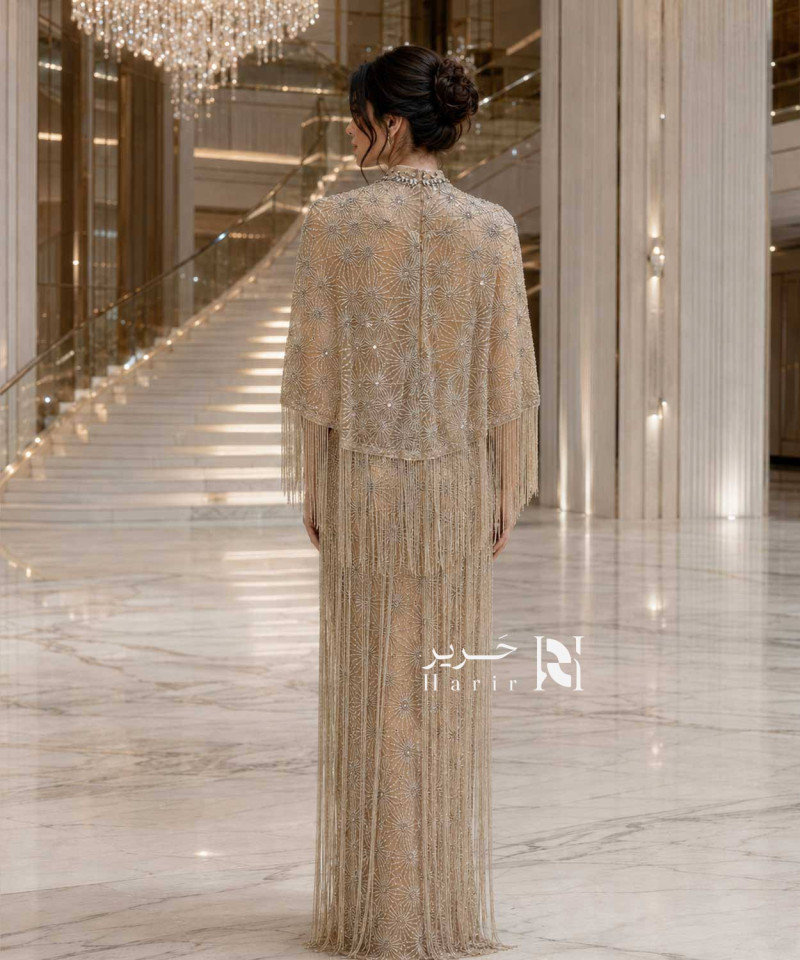 Champagne High-Neck Straight Evening Dress with Beaded Embroidery and Long Fringe
