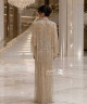 Champagne High-Neck Straight Evening Dress with Beaded Embroidery and Long Fringe