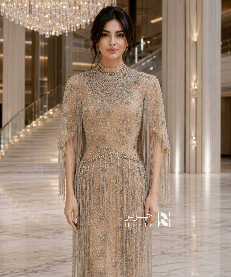 Champagne High-Neck Straight Evening Dress with Beaded Embroidery and Long Fringe