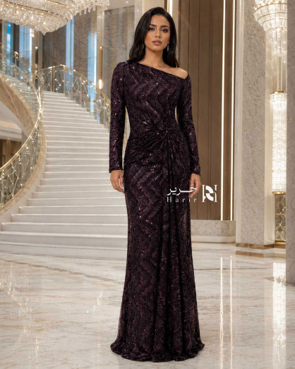 Dark Burgundy One-Shoulder Evening Dress with Long Sleeves and Sequin Embroidery