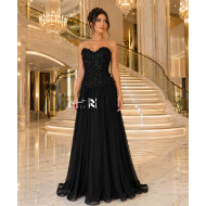 Black Strapless Corset Evening Dress with Sequin Embroidery, Chiffon Skirt and Draped Back Panels