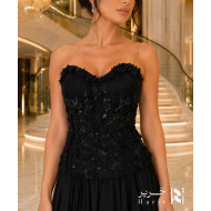 Black Strapless Corset Evening Dress with Sequin Embroidery, Chiffon Skirt and Draped Back Panels