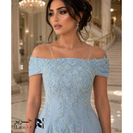 Baby Blue Off-Shoulder A-Line Evening Dress with Delicate Beaded Embroidery