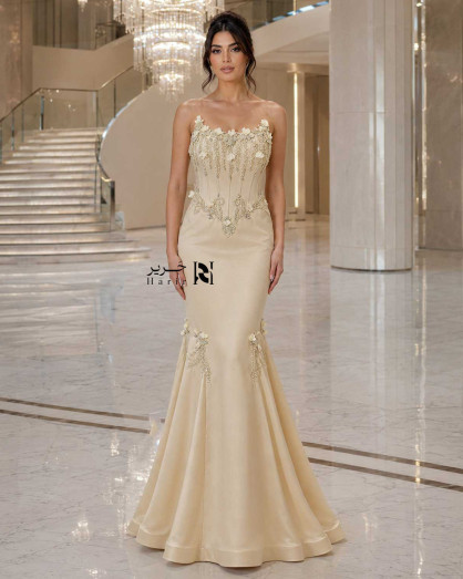 Cream Champagne Corset Mermaid Evening Dress with Floral Appliqués and Beaded Embellishments