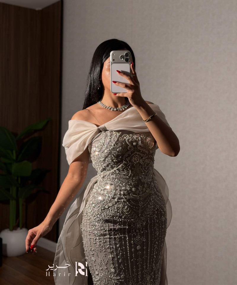 Silver Off-Shoulder Luxury Embroidered Evening Dress with Chiffon Train
