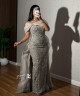 Silver Off-Shoulder Luxury Embroidered Evening Dress with Chiffon Train