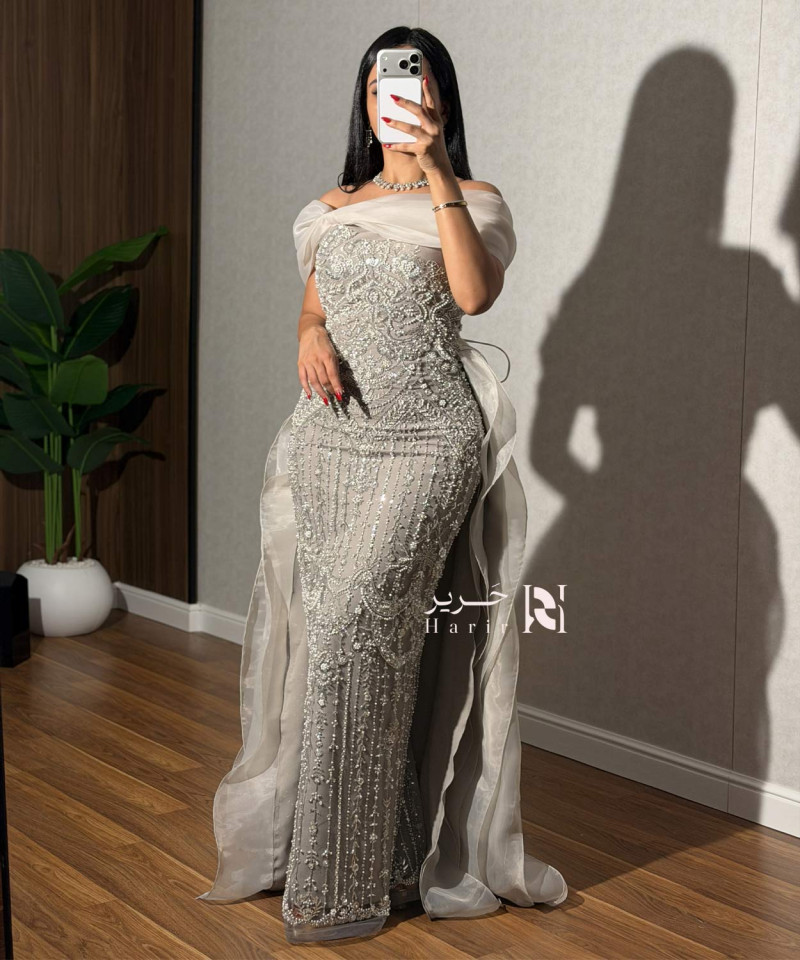 Silver Off-Shoulder Luxury Embroidered Evening Dress with Chiffon Train