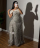 Silver Off-Shoulder Luxury Embroidered Evening Dress with Chiffon Train