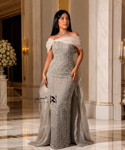 Silver Off-Shoulder Luxury Embroidered Evening Dress with Chiffon Train