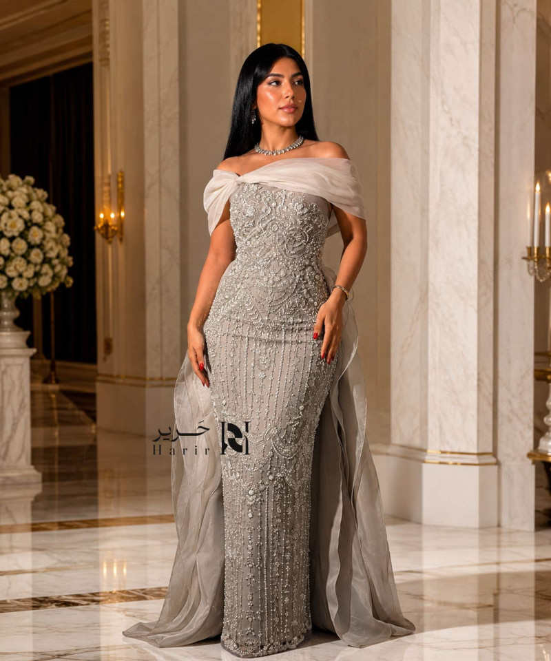 Silver Off-Shoulder Luxury Embroidered Evening Dress with Chiffon Train