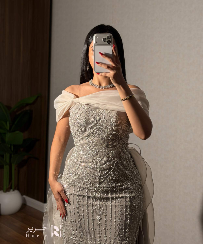 Silver Off-Shoulder Luxury Embroidered Evening Dress with Chiffon Train