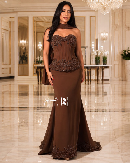 chocolate brown evening dress Strapless Corset Mermaid with Beaded Embroidery 100% Polyester Color:Think Pink Corset Style:ADAE211409 Sequin Rosette Halter Mini