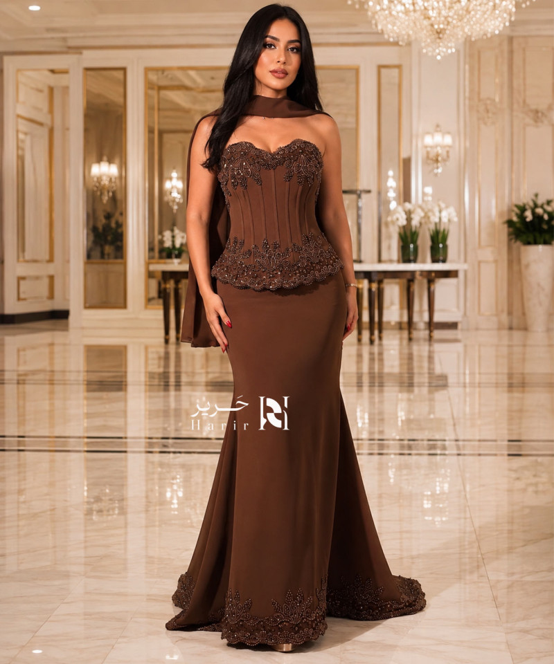 Chocolate Brown Strapless Corset Mermaid Evening Dress with Beaded Embroidery