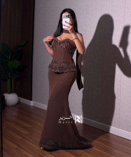 Chocolate Brown Strapless Corset Mermaid Evening Dress with Beaded Embroidery