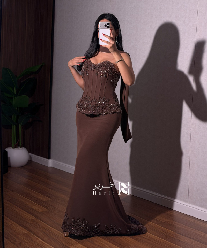 Chocolate Brown Strapless Corset Mermaid Evening Dress with Beaded Embroidery