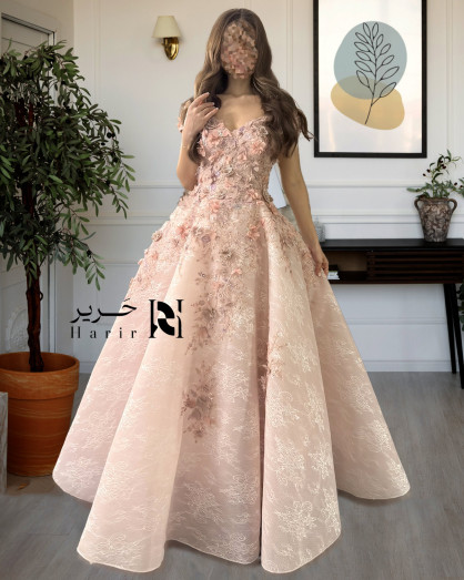 Pink Lace Evening Gown with a Ball Gown Silhouette and Floral Embroidery. - Pink Lace Evening Gown with a Ball Gown Silhouette and Floral Embroidery. -