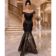 Black Off-Shoulder Mermaid Evening Dress with Luxurious Embroidery and Bronze Accents – Elegant Corset Design
