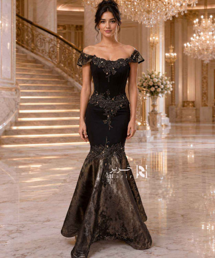 فستان سهرة أسود ميرميد أوف شولدر بتطريز فاخر ولمسات برونزية – تصميم كورسيه أنيق