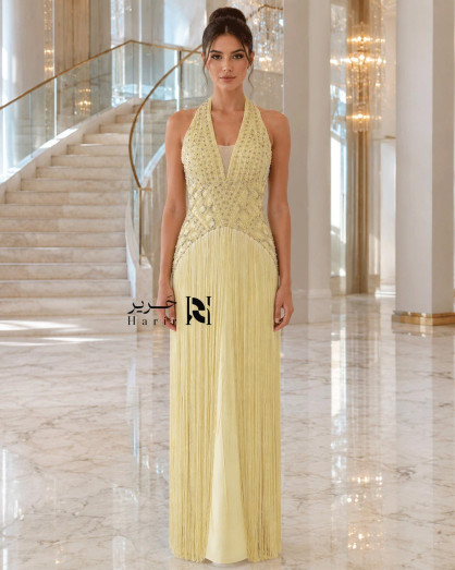 gold fringe detail halter maxi dress Light Yellow Beaded Evening with Luxury Details Prom dress