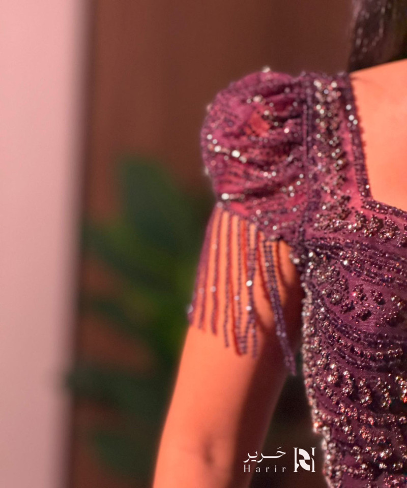 Luxury Burgundy Beaded Evening Dress with Short Sleeves and Side Fringes
