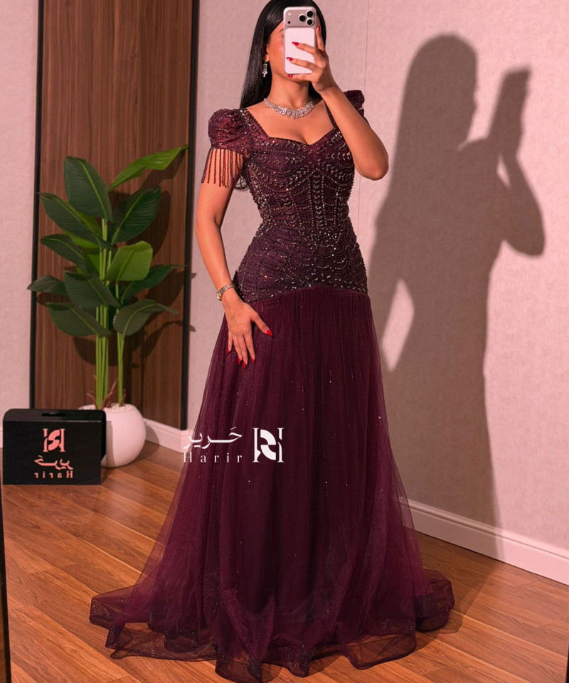 Luxury Burgundy Beaded Evening Dress with Short Sleeves and Side Fringes