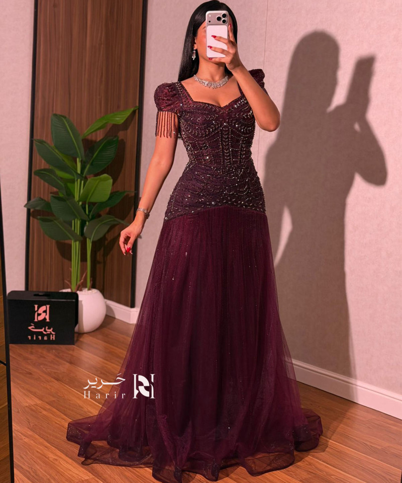 Luxury Burgundy Beaded Evening Dress with Short Sleeves and Side Fringes