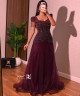 Luxury Burgundy Beaded Evening Dress with Short Sleeves and Side Fringes