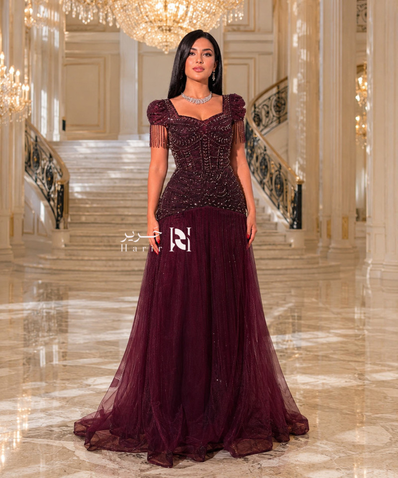 Luxury Burgundy Beaded Evening Dress with Short Sleeves and Side Fringes