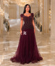 Luxury Burgundy Beaded Evening Dress with Short Sleeves and Side Fringes