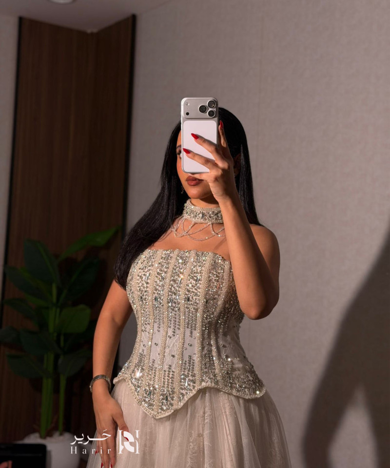 Off-White Crystal Embellished Evening Dress with Luxury Tulle Skirt