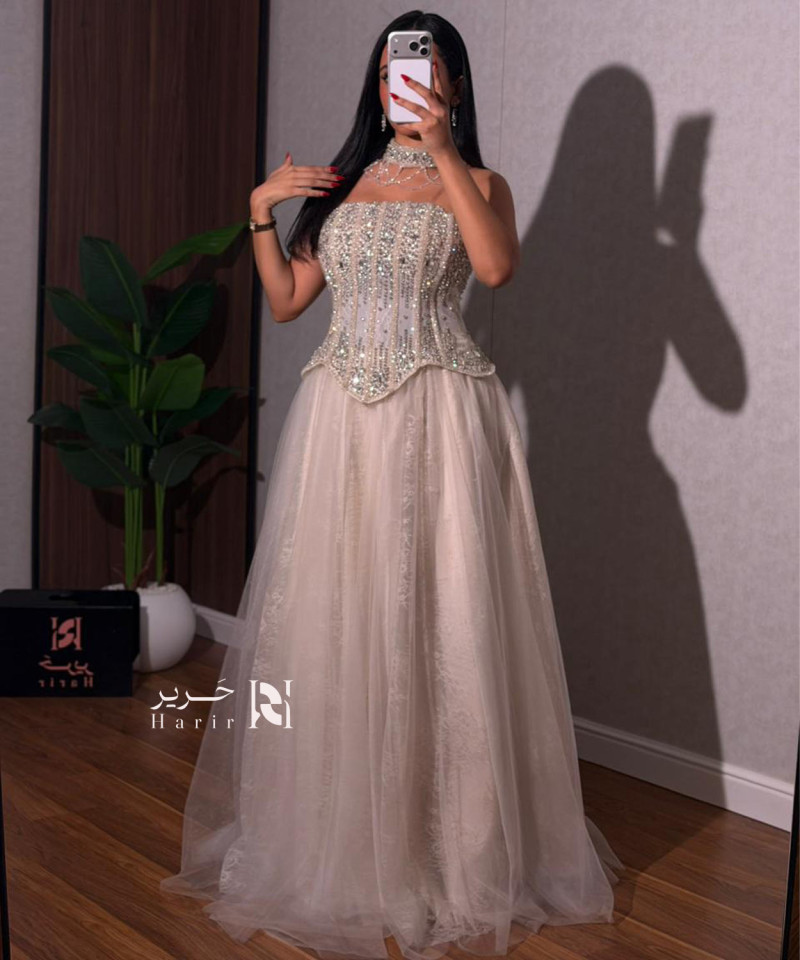 Off-White Crystal Embellished Evening Dress with Luxury Tulle Skirt