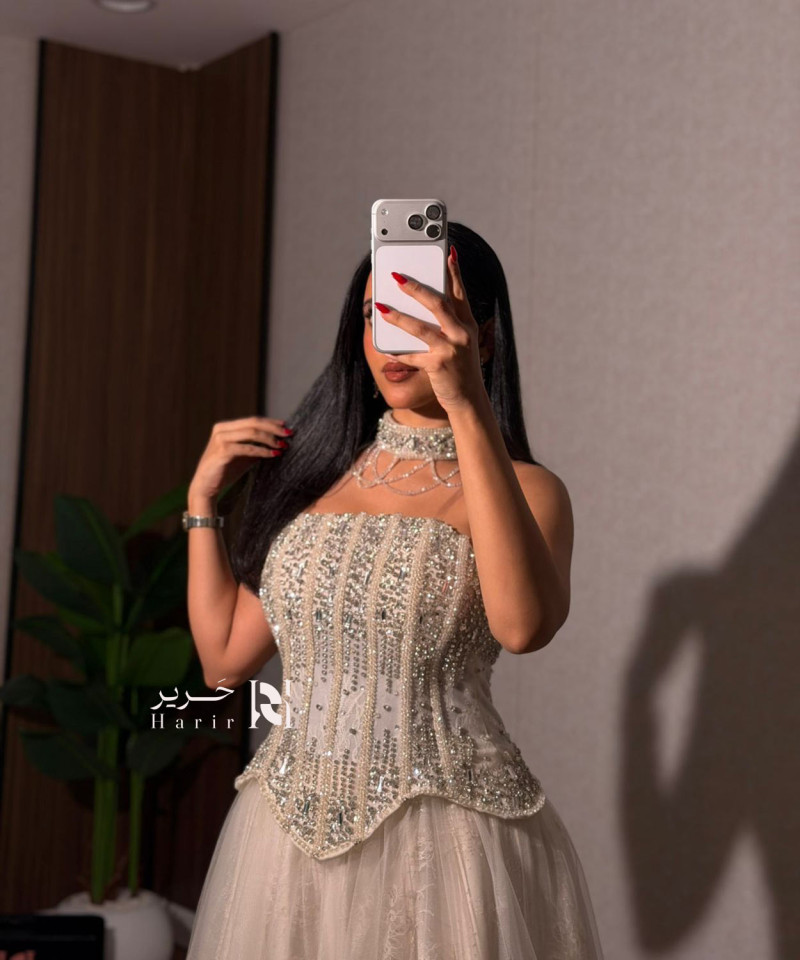 Off-White Crystal Embellished Evening Dress with Luxury Tulle Skirt