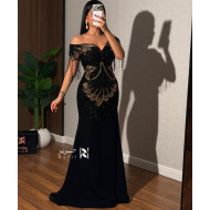 Black and Gold Embroidered Evening Dress with Luxury Fringe Details