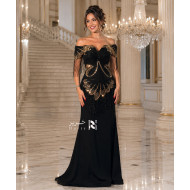 Black and Gold Embroidered Evening Dress with Luxury Fringe Details