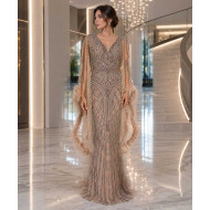 Beige Embroidered Evening Dress with Cape Sleeves and Feather Details