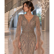 Beige Embroidered Evening Dress with Cape Sleeves and Feather Details