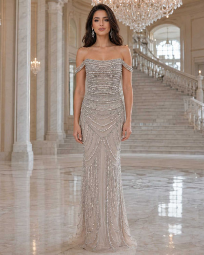 Pearl Embellished Beige Mermaid Evening Dress with Off-Shoulder Draped Sleeves
