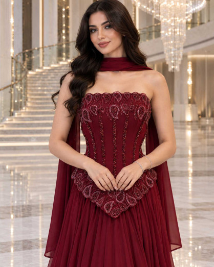 Luxury Burgundy Evening Dress with Embellished Corset Bodice, Flowing Chiffon Skirt and Neck Scarf
