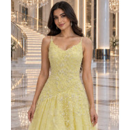 Light Yellow A-Line Evening Dress with 3D Lace Embroidery