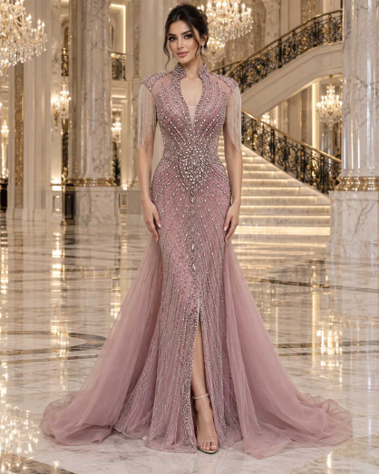 dusty pink formal dress Luxury Mermaid Evening with Crystal Embroidery and Side Tulle Train neckline_Round Neck