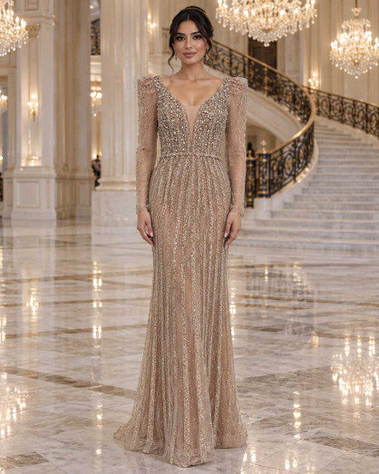 long sleeve champagne formal dress Embellished Straight Evening with Sheer Puff Sleeves natural fabric