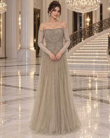 taupe formal dress Smoky Embellished Evening with Tulle Skirt and Off-Shoulder Sleeves Top5-US