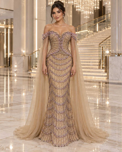 Luxury Gold Sequin Evening Dress with Tulle Cape Sleeves