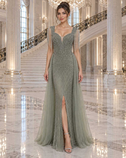 Luxury Olive Green Crystal Embellished Evening Dress with Beaded Fringe Shoulders