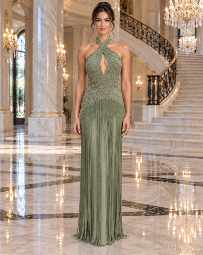 Olive Green Beaded Evening Dress with Halter Neck and Fringe Skirt
