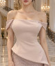 Blush Pink Off-Shoulder Evening Dress with Sparkling Skirt
