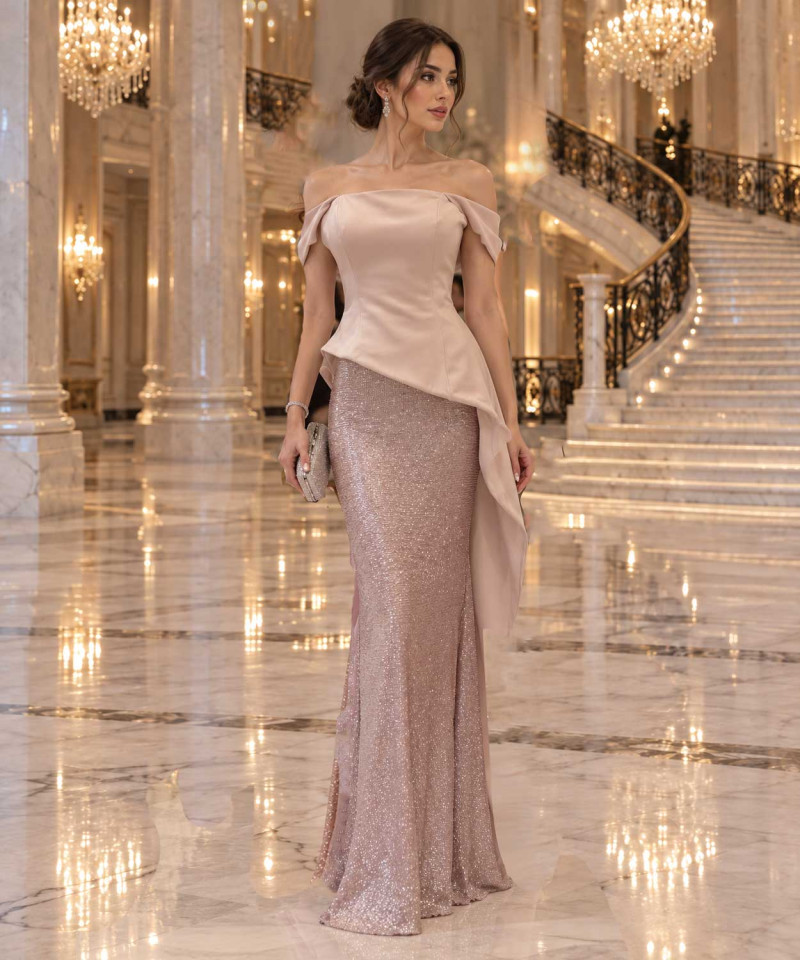 Blush Pink Off-Shoulder Evening Dress with Sparkling Skirt
