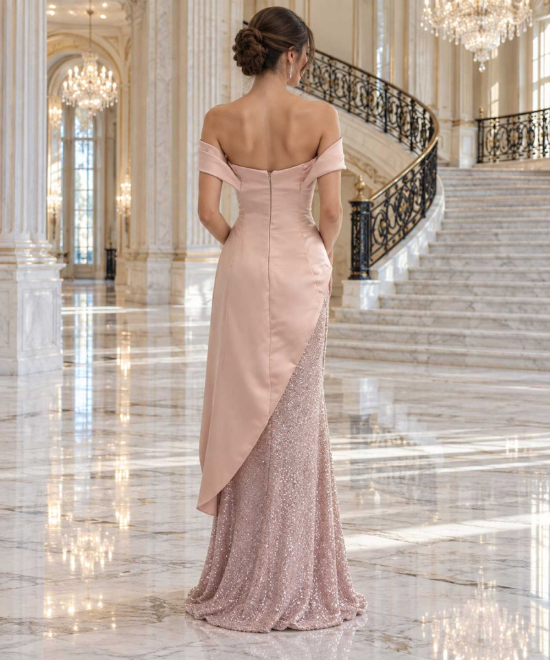 Blush Pink Off-Shoulder Evening Dress with Sparkling Skirt